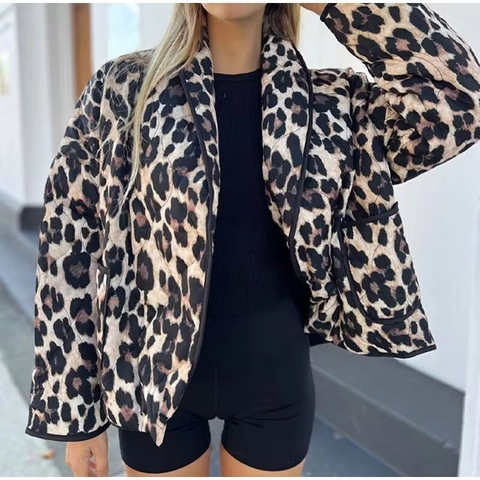 Women Casual Leopard Print Quilted Jacket Loose Turn Down Collar Long Sleeve Padded Coat With Patch Pockets Outwear