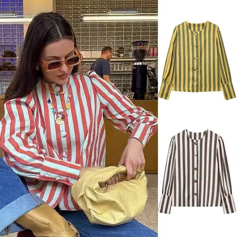 Chemisier Femme Vintage à Rayures Verticales Manches Bouffantes Manches Longues Décontracté Col Rond Simple Boutonnage Haut pour Bureau Printemps