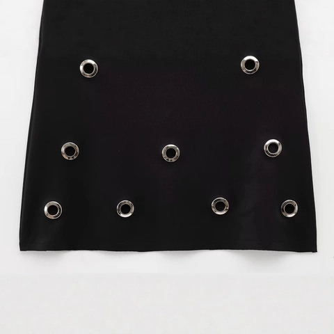 Damen Sexy A-Linien-Minirock Mit Metallring Ösen Dekor Hohe Taille Schwarz Kurzrock Sommer Mode Clubwear Unterteile