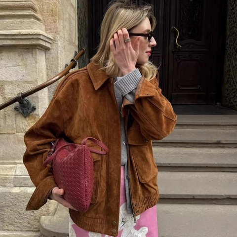 Veste Bomber Vintage en Suédine pour Femme Coupe Ample Décontractée Style Workwear Avec Poches à Rabat et Ourlet Élastique