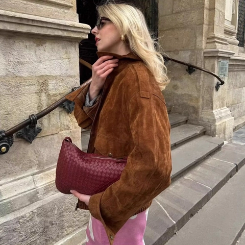 Veste Bomber Vintage en Suédine pour Femme Coupe Ample Décontractée Style Workwear Avec Poches à Rabat et Ourlet Élastique
