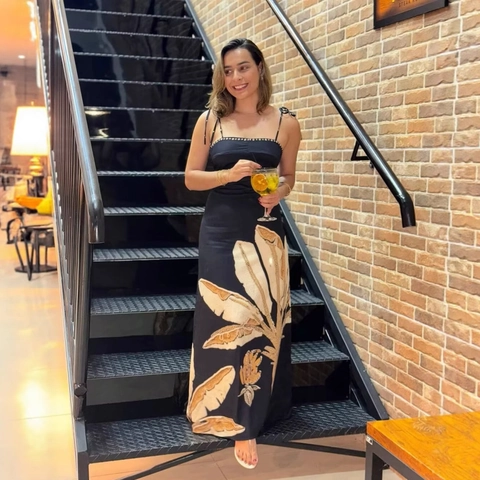 Dames Zwarte Cut Out Spaghetti Strap Maxi Jurk Tropische Bananenblad Print Rugloos Strik Boho Vakantie Zomerjurk
