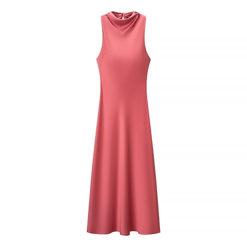 Abito Midi da Donna Elegante in Raso Senza Maniche Con Cintura Collo a Lupetto Plissettato a Trapezio Estivo Festa