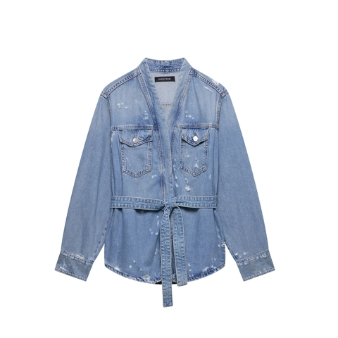 Giacca di Jeans Distressed Casual da Donna Con Cintura Celeste Manica Lunga Lavata Jeans Capispalla Moda Primavera