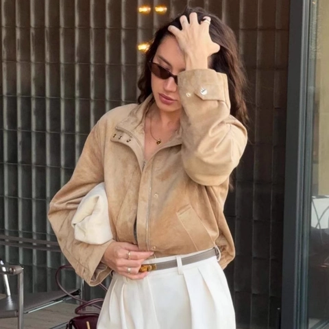 Women Casual Woven Suede Jacket Stand Collar Metal Button Zip Up Solid Color Short Outerwear Coat For Spring Summer