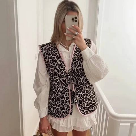 Damen Mode Leopardenmuster Gesteppte Weste Rosa Kontrastpaspelierung Schnürung Schleife Weste Ärmellos Jacke Casual Streetwear Top