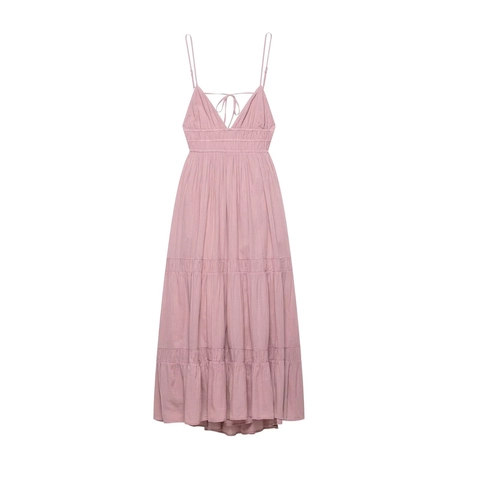 Women French V Neck Smocked Waist Tiered Midi Dress Backless Bohemian Spaghetti Strap Summer Sundress Polyester Blend
