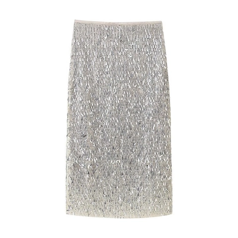 Eleganter Damen Silber Pailletten Midi Rock Hohe Taille Metallic Gerade Rock Für Party Abend Bankett Hochzeit Mode Unten