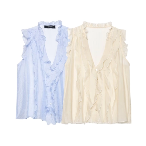 Damen Elegante Ärmellose Bluse Mit Rüschen V-Ausschnitt Geknöpfte Chiffon Polyester Casual Hemd Top Für Alltag Party Büro