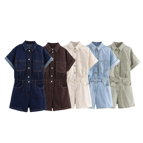 Tuta in Denim da Donna a Maniche Corte Con Revers Bottoni Stile Utility Con Cuciture a Contrasto Tasche Multiple Casual Estiva