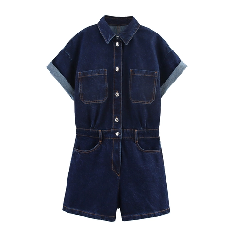 Tuta in Denim da Donna a Maniche Corte Con Revers Bottoni Stile Utility Con Cuciture a Contrasto Tasche Multiple Casual Estiva