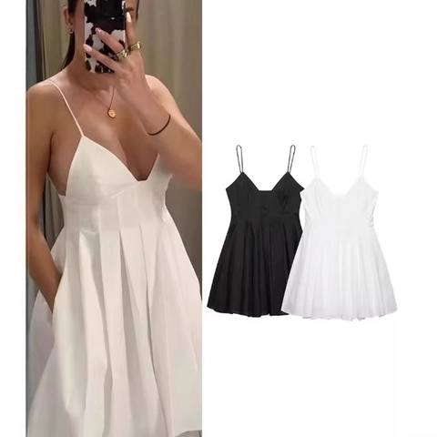 Damen V Ausschnitt Plissiertes Camisole Mini Kleid Sommer A Linie Weit Geschnittener Rock Hohe Taille Sexy Kurzes Partykleid