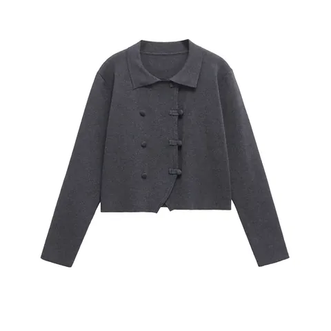 Damen Strickjacke Im Neo-Chinesischen Stil Kurz Geschnitten Polo Kragen Dunkelgrau Langarm Asymmetrische Knebelschalter Pullover