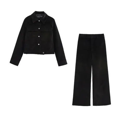 Damen Casual Schwarz Cord Jacke Und Hose Set Langarm Tasche Top Hohe Taille Weite Hose Outfits