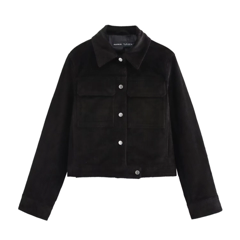 Damen Casual Schwarz Cord Jacke Und Hose Set Langarm Tasche Top Hohe Taille Weite Hose Outfits