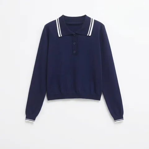 Women Preppy Style Knit Polo Shirt Long Sleeve Navy Blue Contrast Stripe Pullover Sweater Casual Streetwear Tops