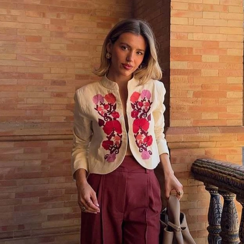 Women Elegant Floral Embroidered Blazer Jacket Vintage White Short Slim Fit Outerwear With Notched Lapel Single Breasted
