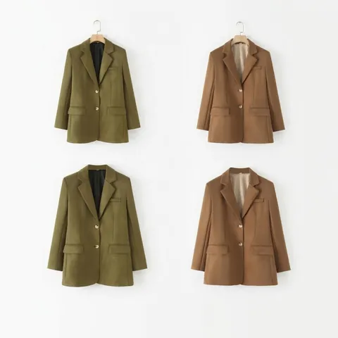 Women Casual Faux Suede Blazer Jacket Solid Color Long Sleeve Lapel Collar Two Button Streetwear Fashion Outerwear With Pockets