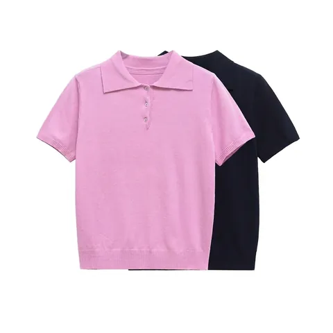 Dames Casual Korte Mouw Gebreide Poloshirt Effen Kleur Knoopsluiting Geribbelde Afwerking Polyester Gebreide Top Voor Dagelijks Gebruik