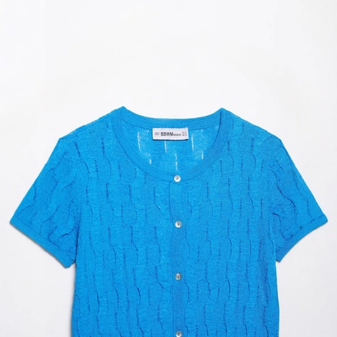 Women's Bright Blue Short Sleeve Knit Cardigan Button Up Round Neck Cable Knit Textured Slim Fit Summer Sweater Top