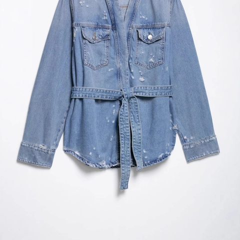 Giacca di Jeans Distressed Casual da Donna Con Cintura Celeste Manica Lunga Lavata Jeans Capispalla Moda Primavera