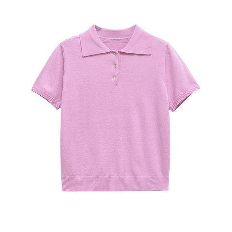 Dames Casual Korte Mouw Gebreide Poloshirt Effen Kleur Knoopsluiting Geribbelde Afwerking Polyester Gebreide Top Voor Dagelijks Gebruik