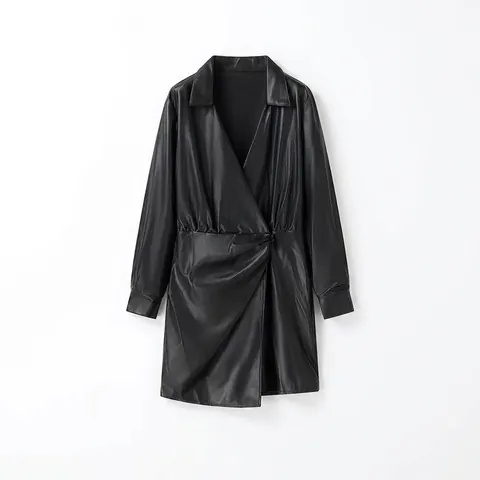 Women V Neck Wrap PU Leather Mini Dress Long Sleeve Lapel Bodycon Party Solid Black Fashion Commuter Elegant Autumn Dress