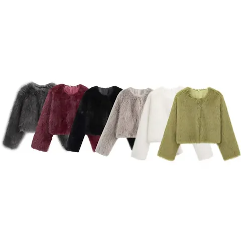 Women Faux Fur Cropped Jacket Winter Warm Solid Color Round Neck Long Sleeve Faux Fox Fur Short Coat Streetwear Outerwear