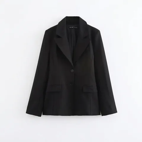 Chaqueta Blazer Negra Ajustada Elegante Para Mujer Cuello Solapa Abotonadura Sencilla Manga Larga Con Hombreras Para Oficina