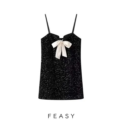 Abito Mini da Donna in Paillettes Nere Con Grande Fiocco in Raso Bianco Spalline Regolabili Elegante Abito Senza Maniche per Feste