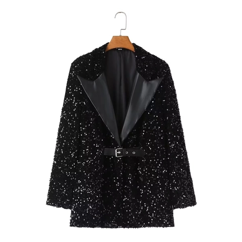 Women's Fashion Sequin Blazer Jacket With Belt Long Sleeve Patchwork Collar Party Streetwear Suit Outerwear For Ladies