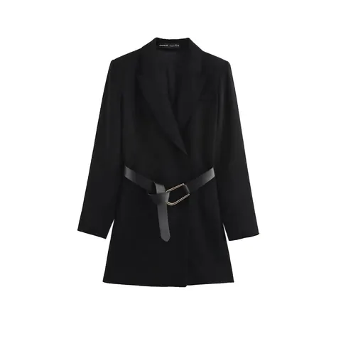 Dames Elegant Blazer Jurk Lange Mouwen V Hals Double Breasted Mini Jurk Met Riem Professioneel Kantoor Effen Kleur