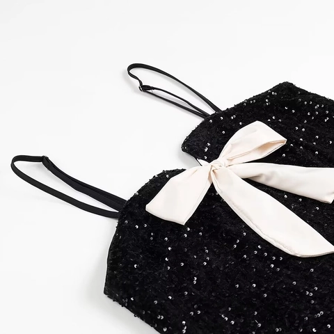 Abito Mini da Donna in Paillettes Nere Con Grande Fiocco in Raso Bianco Spalline Regolabili Elegante Abito Senza Maniche per Feste