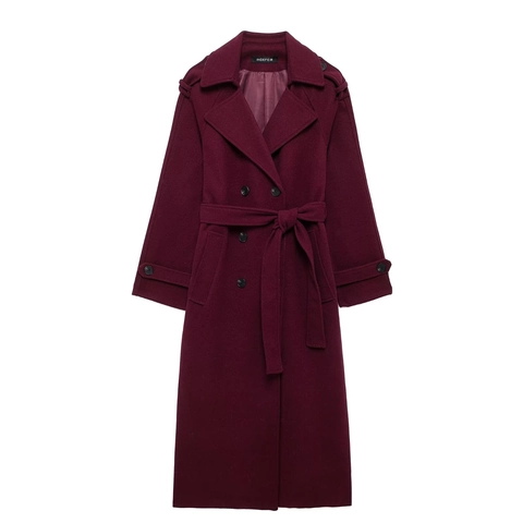 Long Woolen Coat Women Double Breasted Lapel Outerwear Trench Jacket With Belt Epaulettes Elegant Winter Casual Solid
