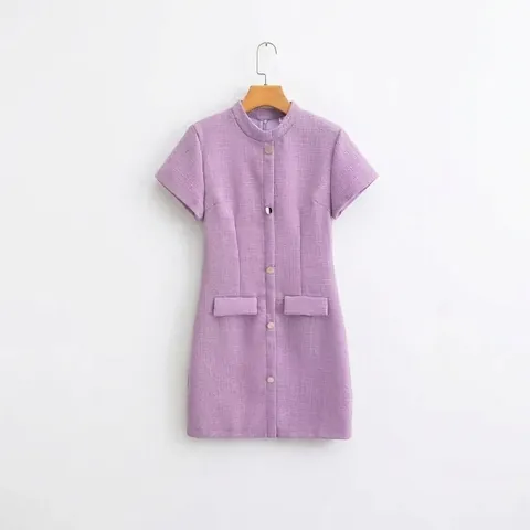 Damen Elegant Lavendel Tweed Kurzarm Mini Kleid Hohe Taille Rundhals Slim H-Linie Lila Büro Party Kleid