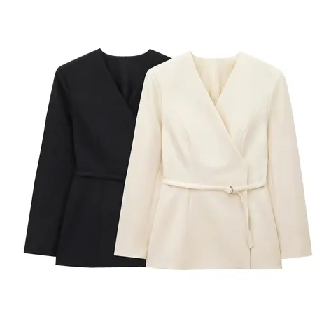 Giacca Blazer a Portafoglio Elegante Donna Tinta Unita Con Cintura Manica Lunga Scollo a V Abito Professionale da Ufficio