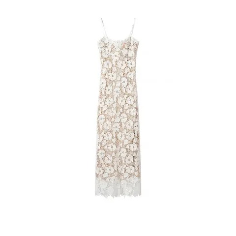 Women Elegant Floral Lace Cami Dress Sexy Sleeveless Lace-up Back Split Midi Dress Slim Fit Evening Party Holiday Gown