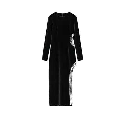 Abito Lungo da Donna Sexy in Velluto a Maniche Lunghe Slim Fit Spacco Laterale Paillettes Abito da Sera Elegante Girocollo