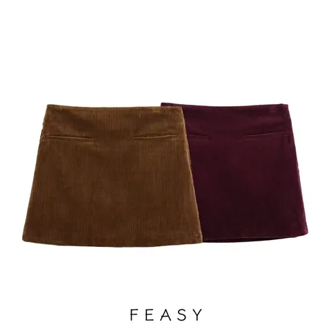 Minifalda de Pana Informal para Mujer Color Sólido Línea A Cintura Alta Bodycon Falda Corta Bolsillo Moda Streetwear