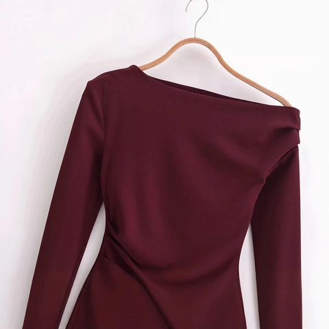 Maglietta da Donna Asimmetrica Monospalla Arricciata a Maniche Lunghe Elegante Vestibilità Slim Tinta Unita