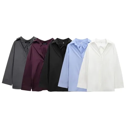 Damen Casual Locker Einfarbig Langarm Hemd Plissierter Rücken Revers Button Down Bluse Elegant Büro Pendeln Top
