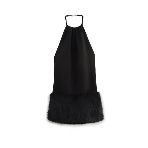 Elegante Vestito Mini Halterneck Schiena Scoperta Con Fibbia in Metallo e Orlo in Pelliccia Sintetica Nera per Donna Festa Sera