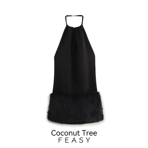 Vestido Corto Elegante de Cuello Halter con Espalda Descubierta Hebilla de Metal y Dobladillo de Piel Sintética Negra para Mujer
