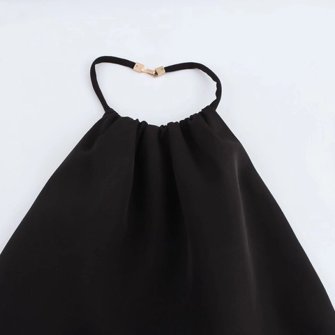 Vestido Corto Elegante de Cuello Halter con Espalda Descubierta Hebilla de Metal y Dobladillo de Piel Sintética Negra para Mujer