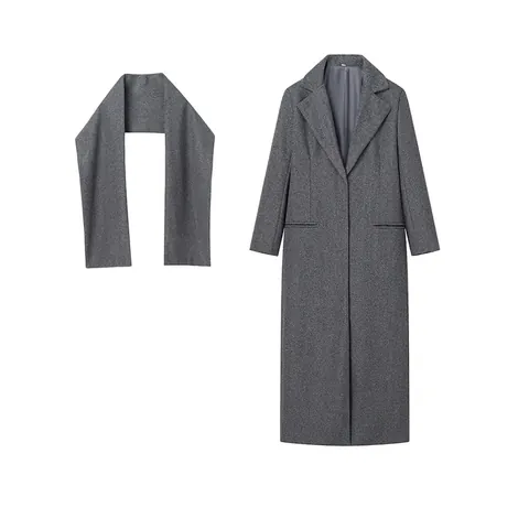 Elegant Women Long Woolen Coat And Matching Scarf Dark Gray Notched Lapel Single Breasted Solid Color Outerwear Jacket