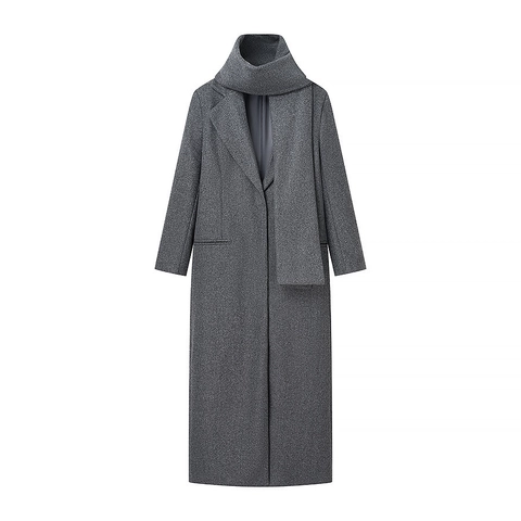 Elegant Women Long Woolen Coat And Matching Scarf Dark Gray Notched Lapel Single Breasted Solid Color Outerwear Jacket