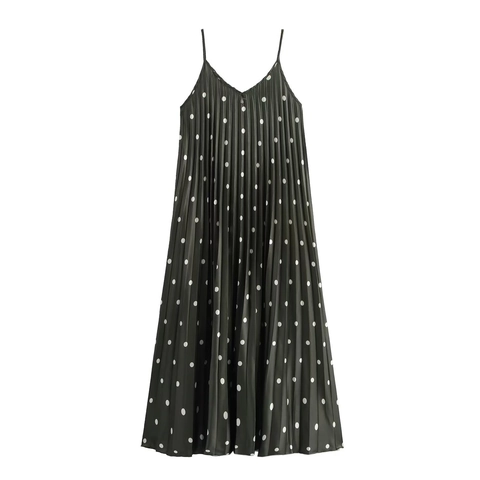 Women Polka Dot Pleated Spaghetti Strap Dress V-Neck Sleeveless A-Line Casual High Waist Maxi Summer Vacation Sun Dress