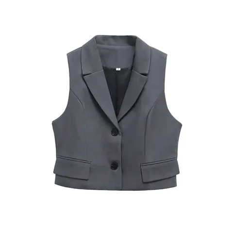 Chaleco de Traje Profesional Sin Mangas para Mujer Gris Cuello de Solapa con Botones y Bolsillos de Solapa Top Oficina