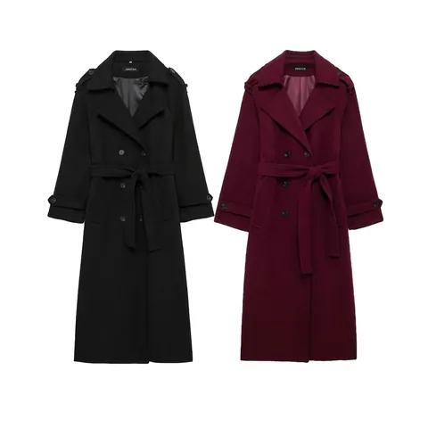 Women Elegant Double Breasted Woolen Trench Coat Long Lapel Overcoat With Belt Classic Solid Color Autumn Winter Outerwear Jacket