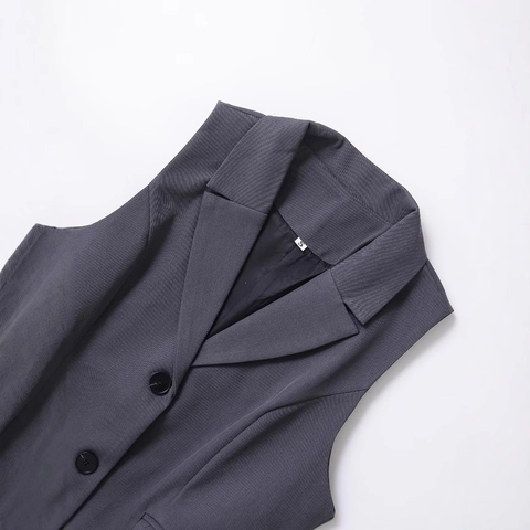 Chaleco de Traje Profesional Sin Mangas para Mujer Gris Cuello de Solapa con Botones y Bolsillos de Solapa Top Oficina